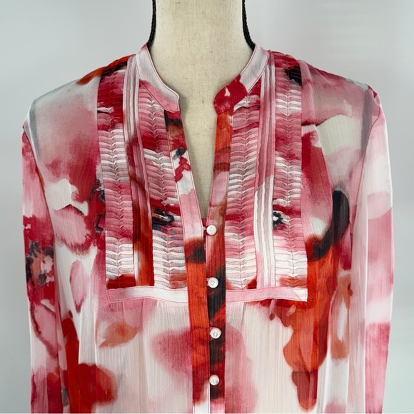 Jones New York Signature Petite Watercolor Blouse Size PL Sheer Red Pink Floral - Picture 2 of 13